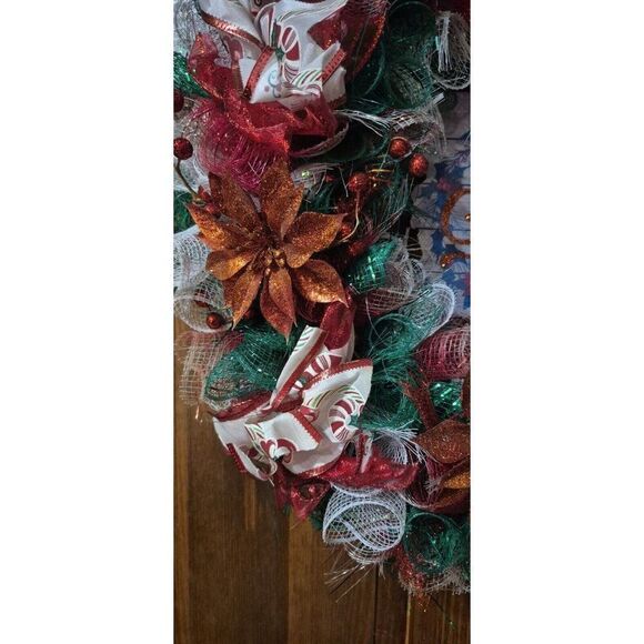 Hand Made Deco Mesh Christmas Poinsettia Holiday Door Wreath Winter Home Decor - Picture 4 of 7